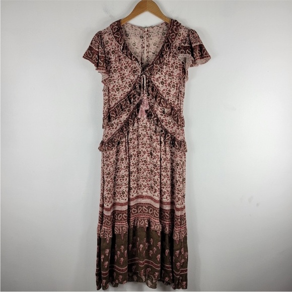 Faherty Bonita Block Paisley Floral Tiered Ruffle V Neck Midi Prairie Dress - Picture 2 of 8